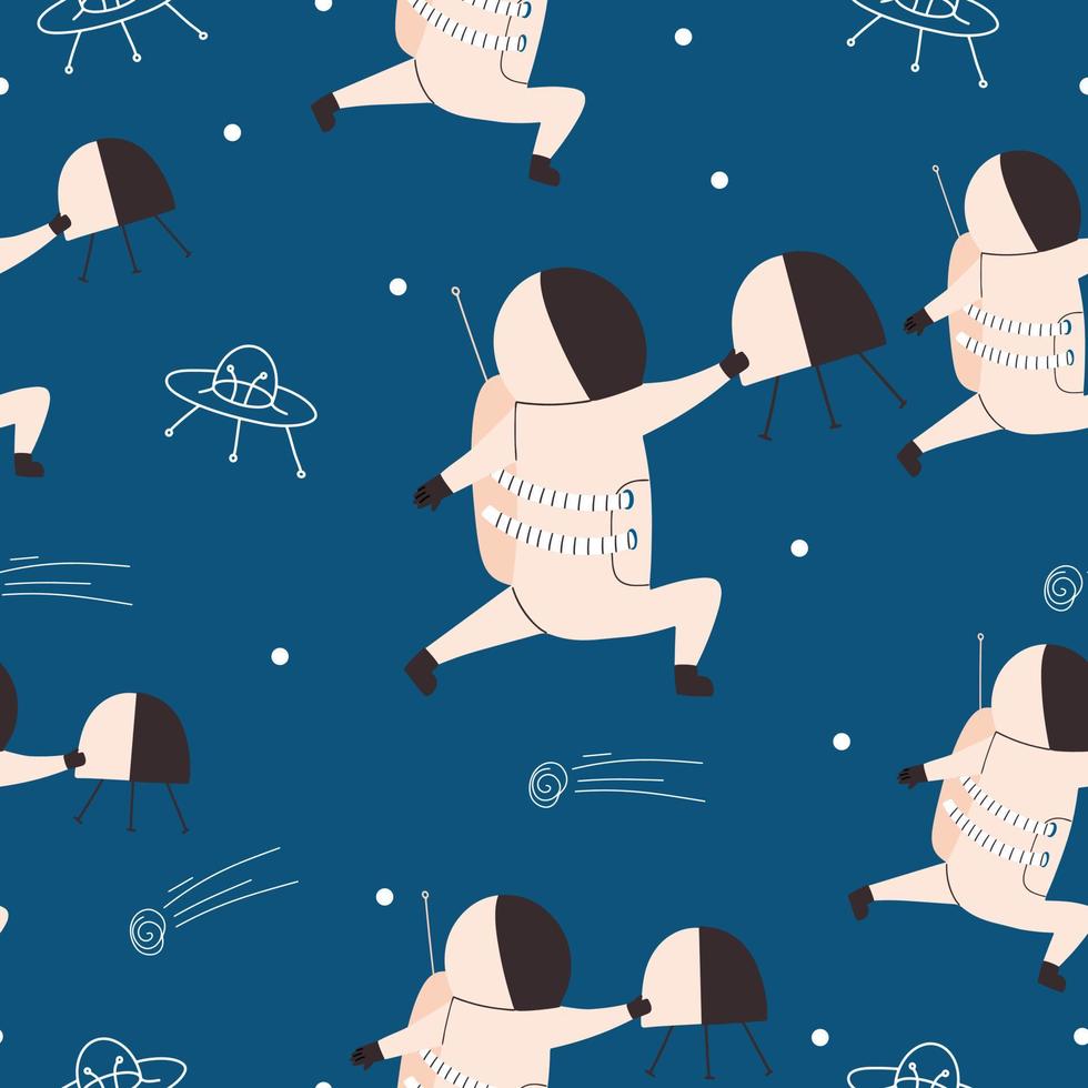 Plats sömlös mönster med astronaut och satellit. vektor illustration för skriva ut