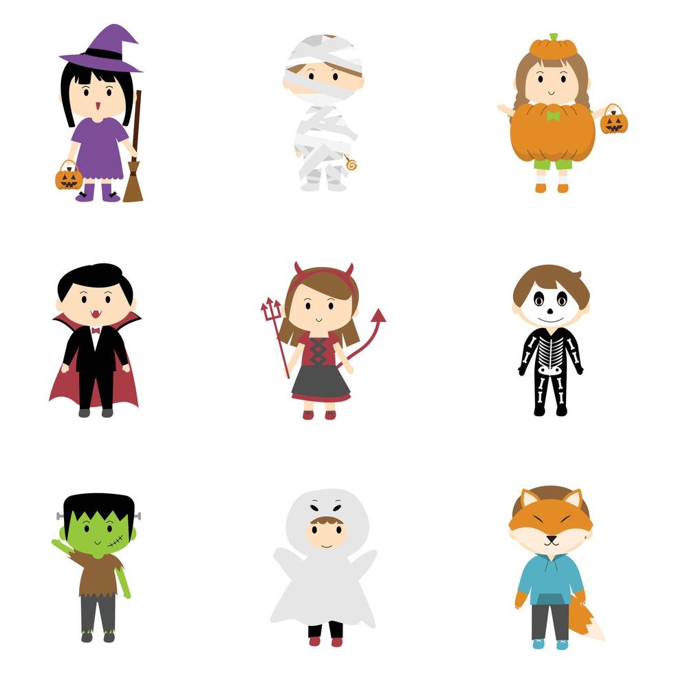 niedliches kind clipart element von jungen und mädchen, die halloween-kostüm für halloween-tag tragen vektor