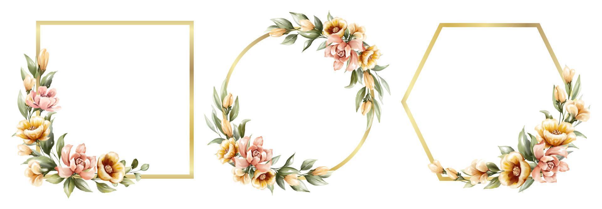 uppsättning av skön vattenfärg blommig ram för bröllop monogram logotyp vektor