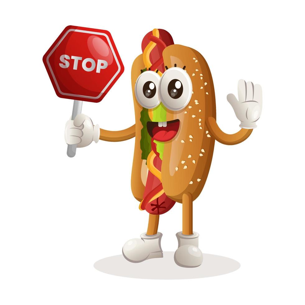 süßes Hotdog-Maskottchen mit Stoppschild, Straßenschild, Straßenschild vektor