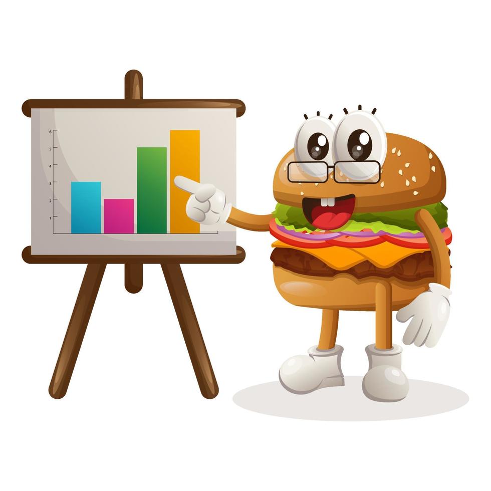 söt burger maskot design ger Rapportera presentation, visar kolumn grafik vektor