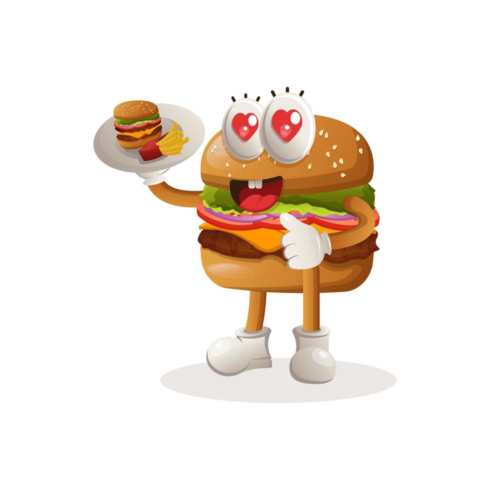 söt burger maskot design tjänande mat, servitörer vektor