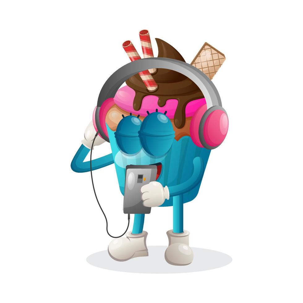 söt muffin maskot lyssnande musik på en smartphone använder sig av en hörlurar vektor
