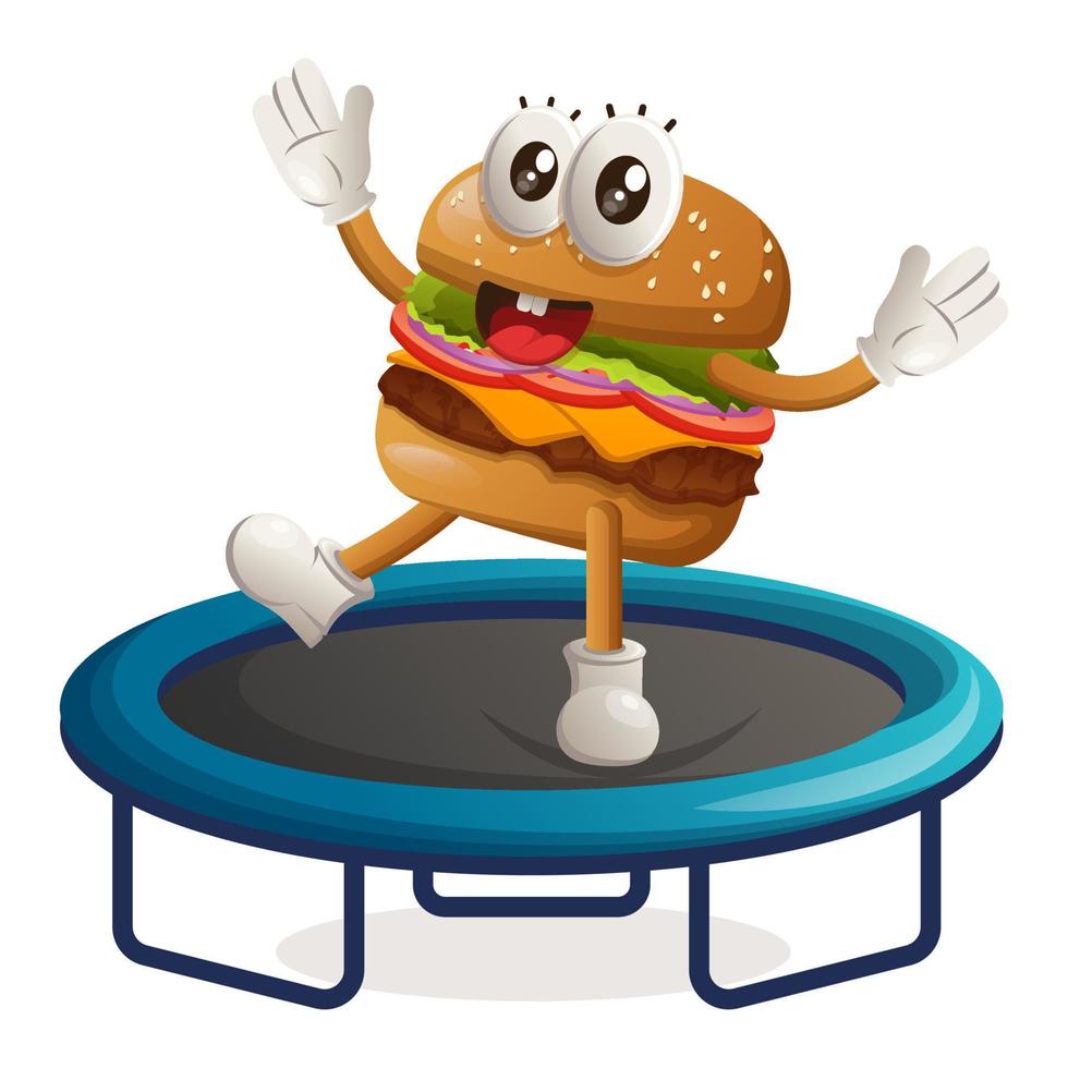 söt burger maskot design spelar trampolin spel vektor
