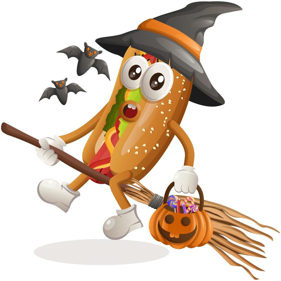 süße Hotdog-Maskottchen-Hexe mit Halloween-Kürbis vektor