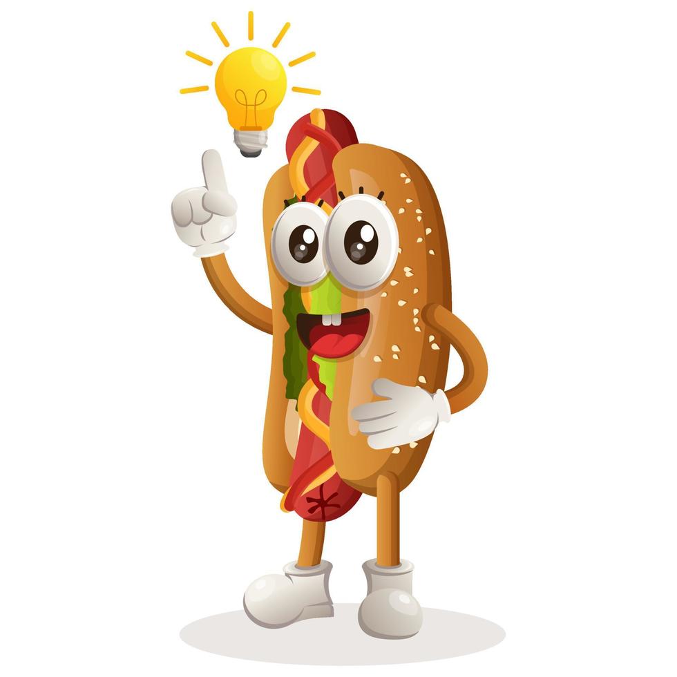 Das süße Hotdog-Maskottchen hat eine Idee, eine Zwiebelidee, eine Inspiration vektor