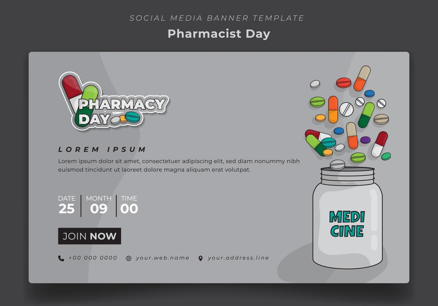 Banner-Vorlage mit Medikamenten und Medikamentenbox auf grauem Hintergrund für Apotheker-Tagesdesign vektor
