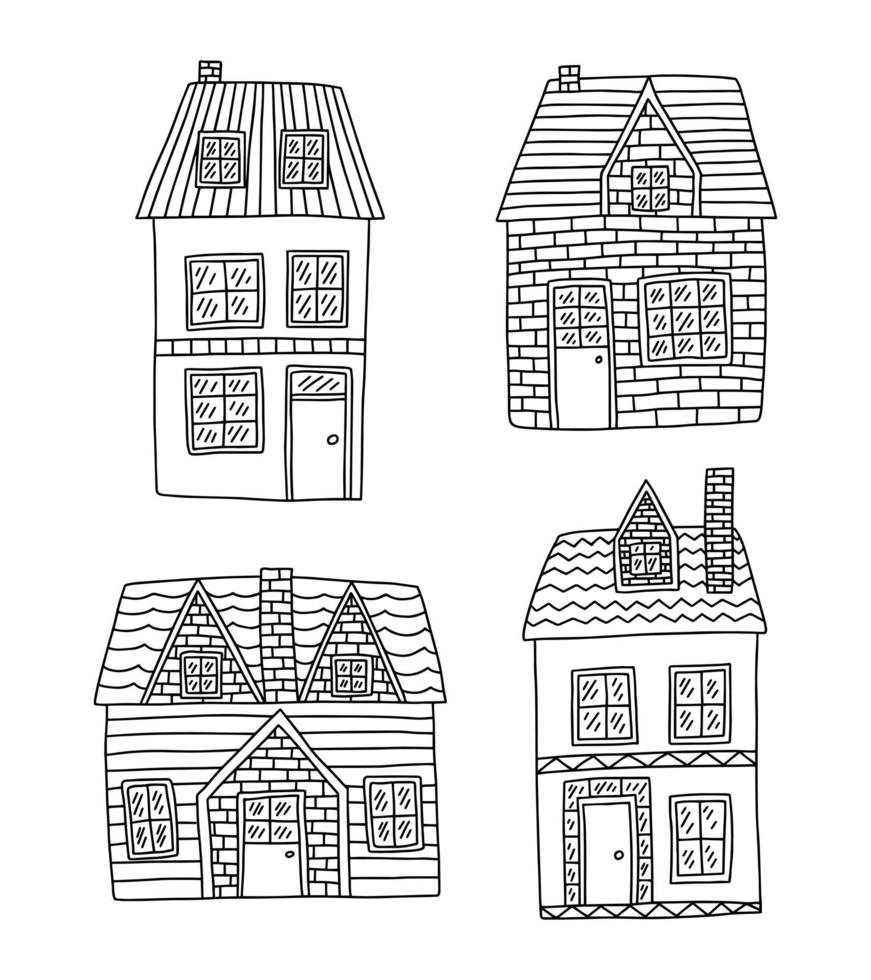 hand dragen Land hus uppsättning klotter illustration. scandinavian hus med tak vektor klämma konst