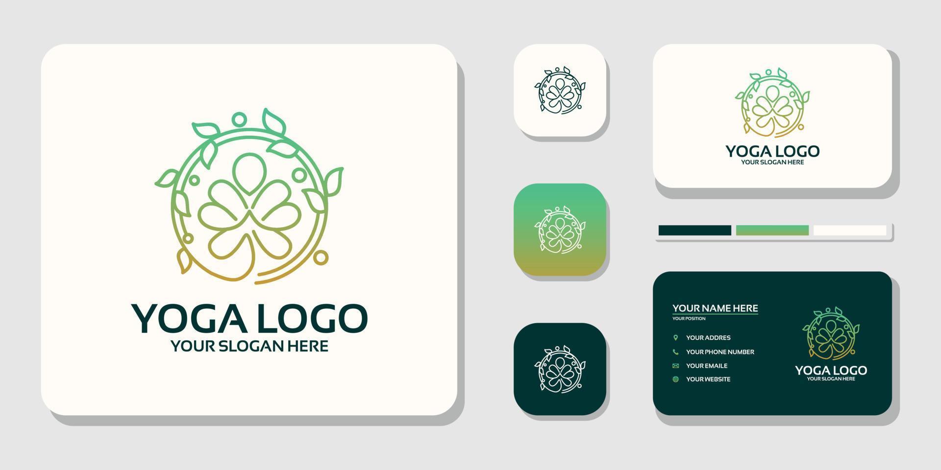 yoga-meditation mit abstrakten linien logo und visitenkartendesign premium-vektor vektor