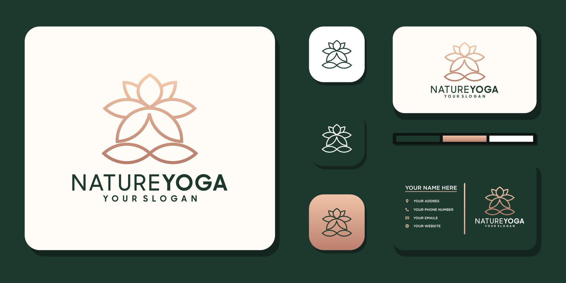 yoga meditation med abstrakt rader logotyp och företag kort design premie vektor
