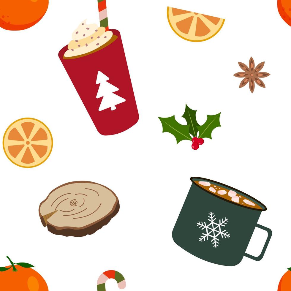 varm vinter- jul drycker. kopp med grädde och godis sockerrör, kakao med marshmallows. vektor sömlös mönster. isolerat på vit bakgrund. omslag papper, hälsning kort, textil- design.