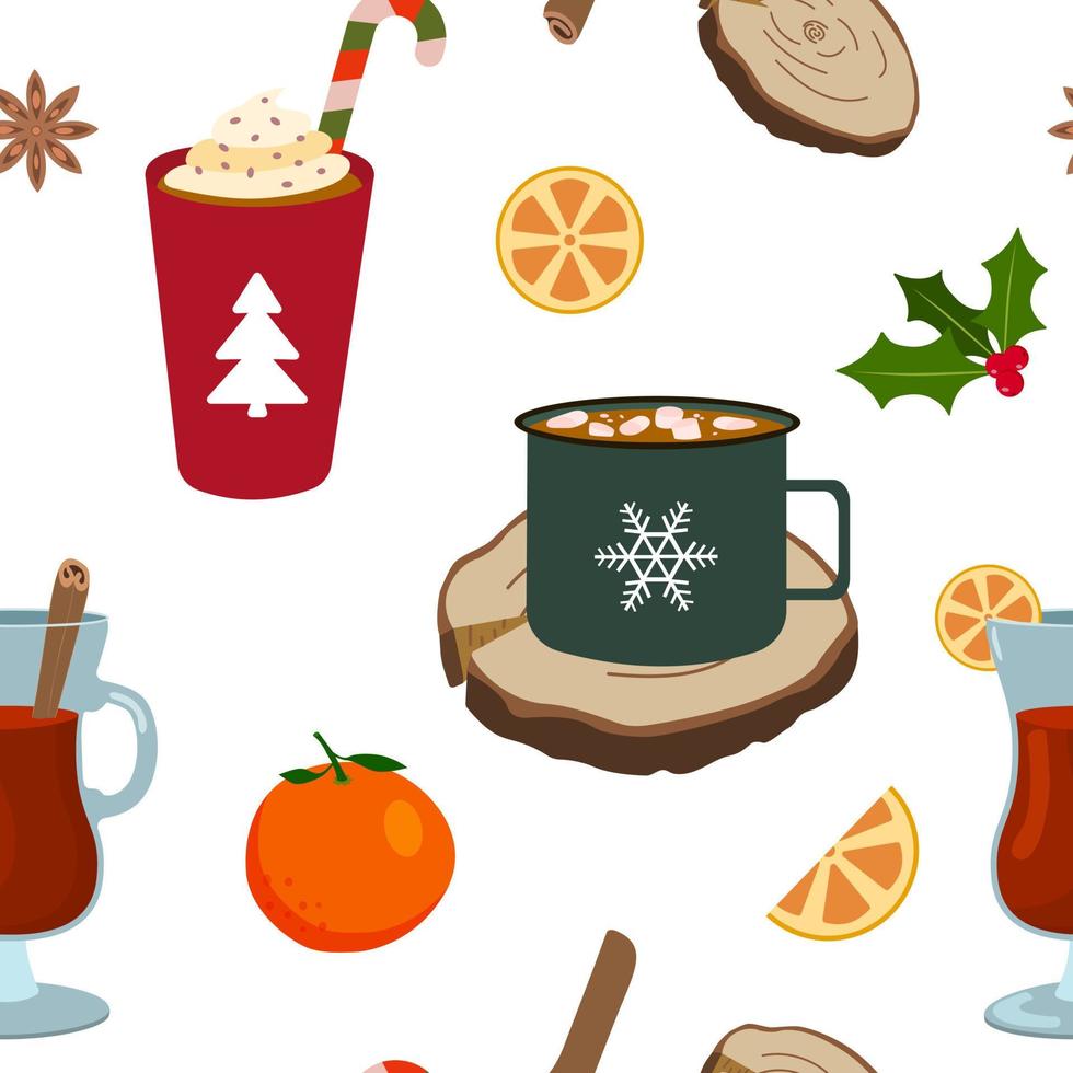 vinter- jul dryck. röd kaffe kopp med grädde, grön kakao råna med marshmallow, glas kopp med funderade vin. vektor sömlös mönster. isolerat på vit bakgrund.