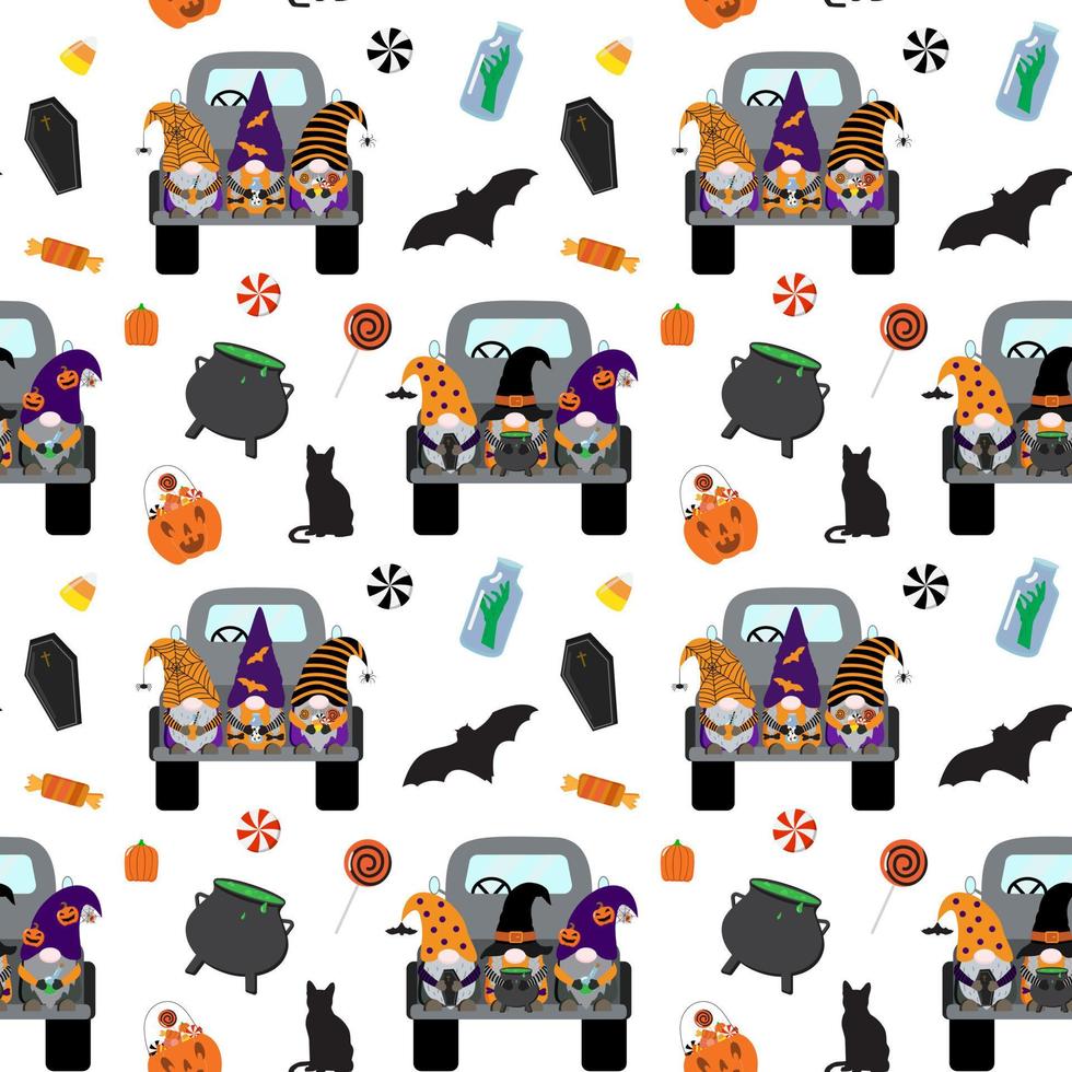 vektorkarikatur halloween nahtloses muster mit gnomen auf schwarzem lkw, süßigkeiten, hexenkessel, sarg, fledermaus, katze. isoliert auf weißem Hintergrund. vektor