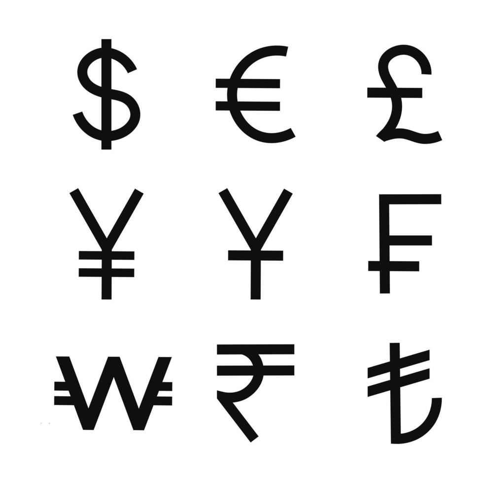 Satz des beliebtesten Währungssymbols, Dollar, Yuan, Euro, Pfund, Yen, Rupie, Franken, Lira. Vektor-Illustration vektor