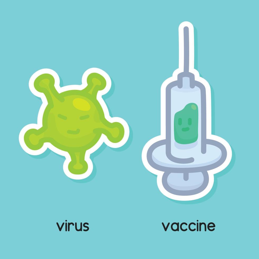 virus och vaccin söt klotter platt tecknad serie vektor illustration