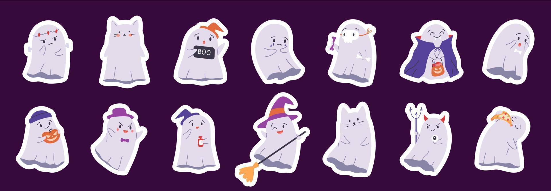 süße Halloween-Aufkleber mit gruseligem Phantom-Set. Fröhliche Geisterfiguren für Kinder. flache Vektoraufkleber vektor
