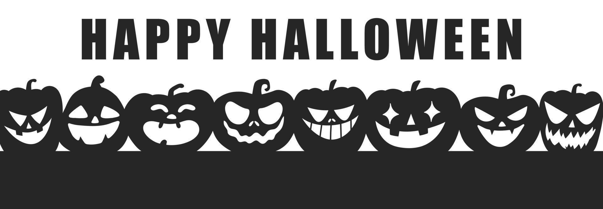 Happy Halloween-Kürbis-Zeichen-Banner. gruseliges Jack-Kürbis-Poster. Kürbis Horror Urlaub Silhouette. flache vektorillustration lokalisiert auf weißem hintergrund vektor