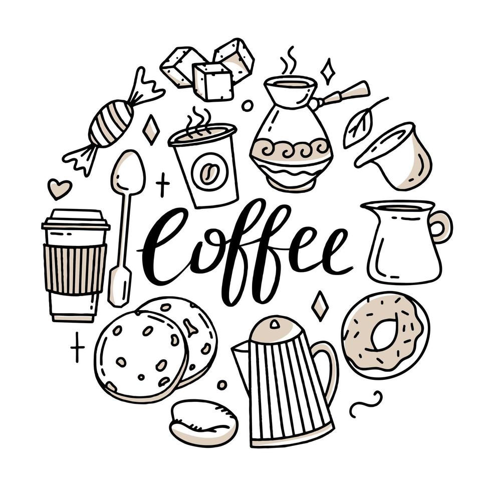 en uppsättning av element för en kaffe affär till använda sig av för posters banderoller vykort och förpackning design vektor illustration i de stil av hand dragen