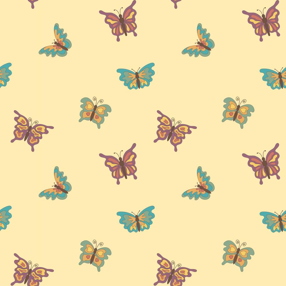 Nahtloses Muster mit bunten Cartoon-Schmetterlingen im Retro-Stil auf beigem Hintergrund. für Textil, Verpackung, Hintergrund. vektor