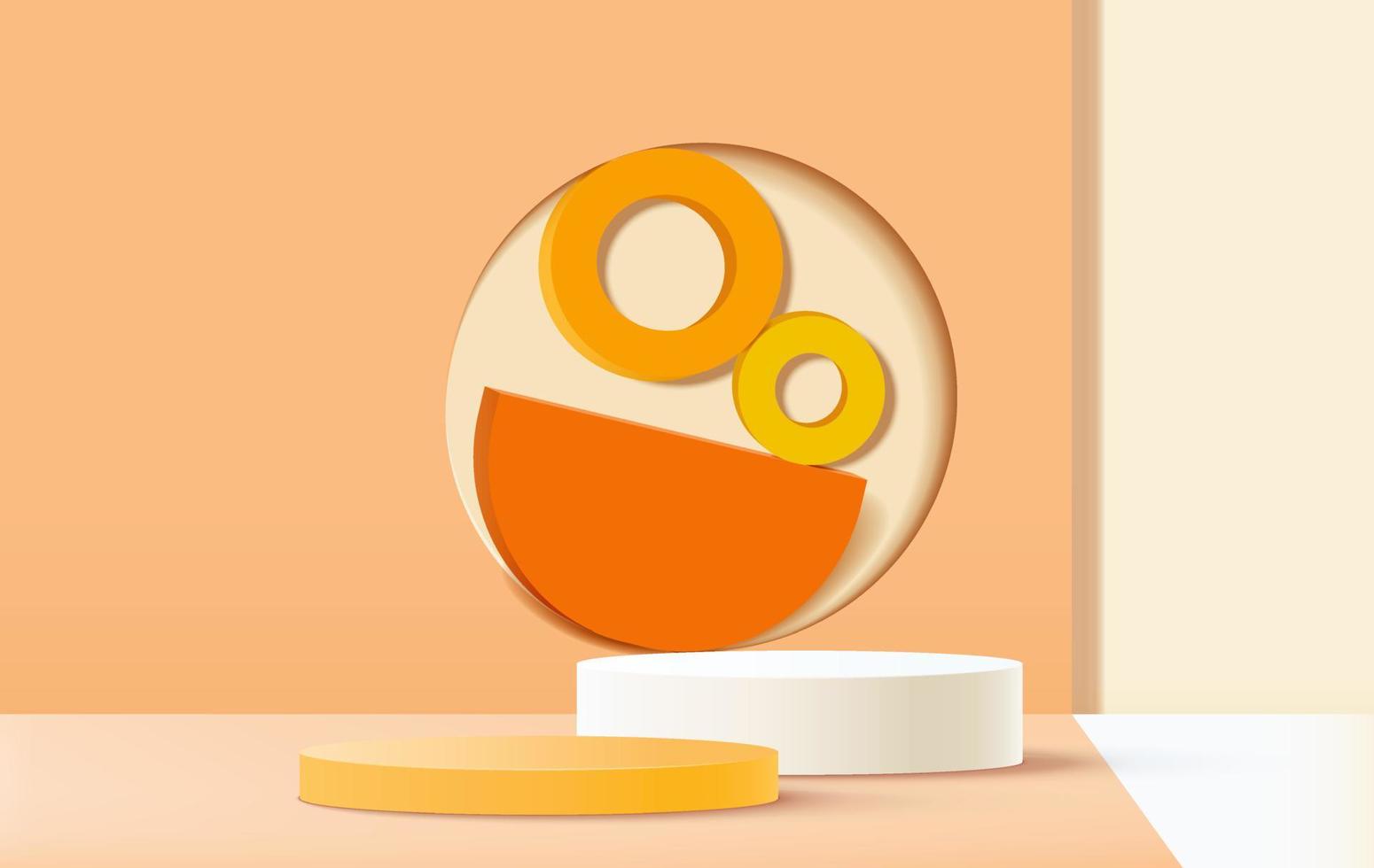 abstraktes 3D-Podium mit weißem und orangefarbenem Zylindersockel mit pastellfarbener Wandszene und halbkreisförmigem Hintergrund vektor