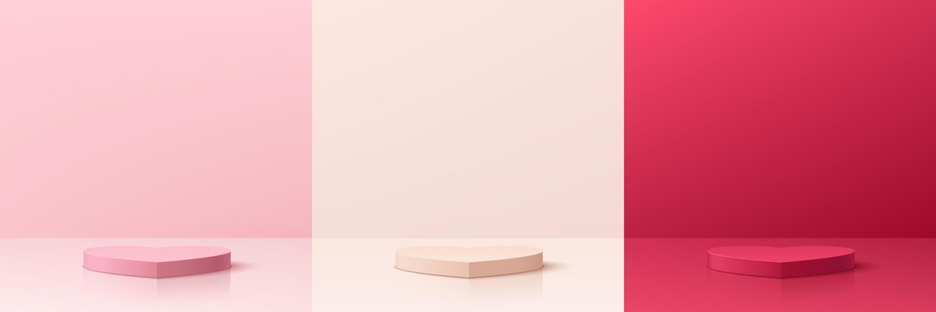 Set aus rosa, cremefarbenem und rotem 3D-abstraktem Raum mit Podest-Podium in Herzform. pastellfarbene szene für die präsentation von produktdisplays zum valentinstag. Vektor-Rendering geometrische Plattform. Bühne für Schaufenster. vektor