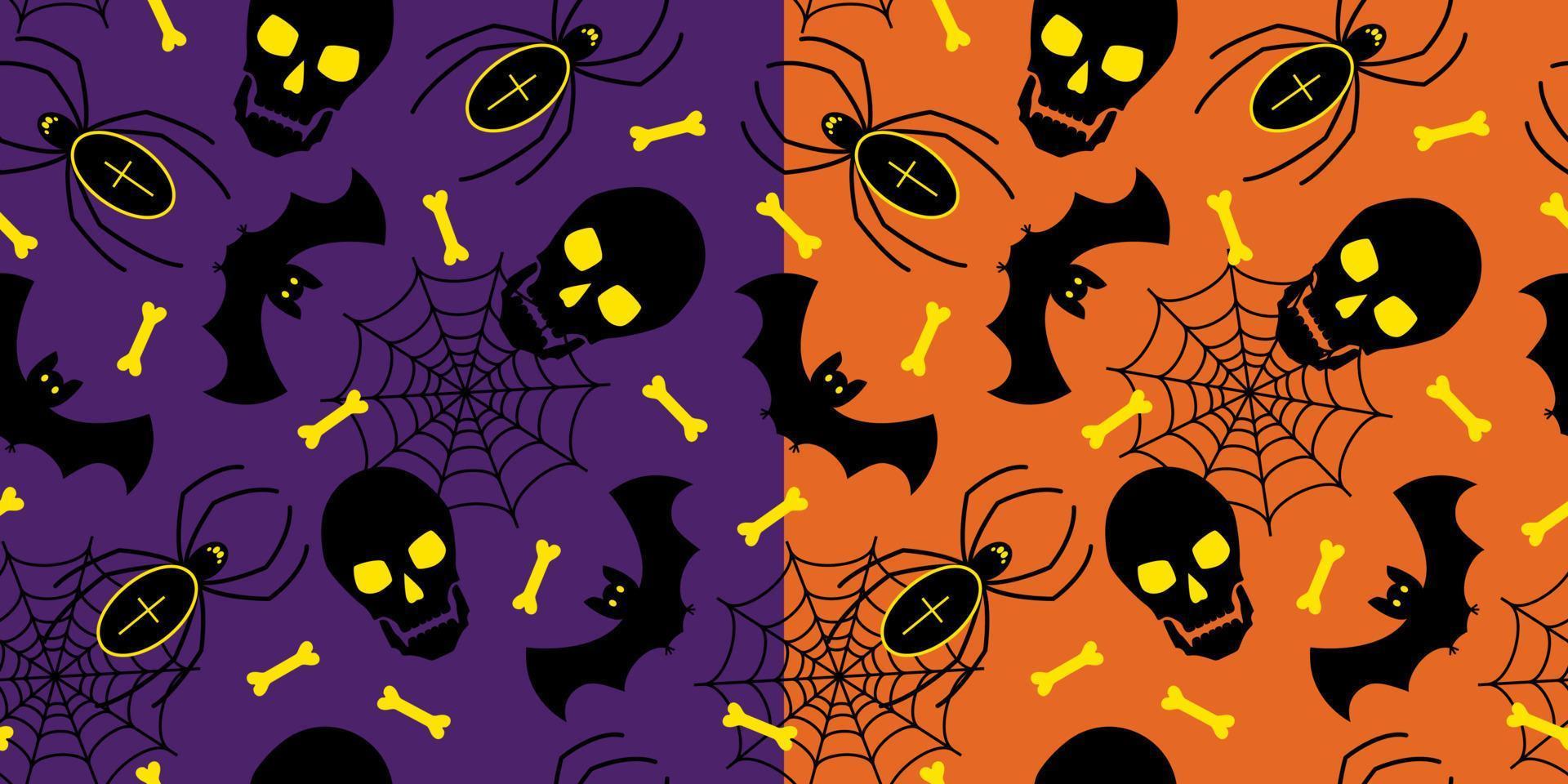 satz von halloween-orangen und violetten nahtlosen mustern mit silhouetten von schädel, fledermäusen, spinnen, knochen, spinnennetz. Vektor. vektor
