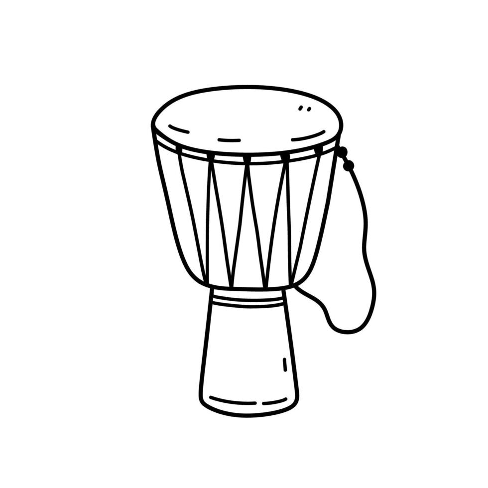 Djembe-Trommel isoliert auf weißem Hintergrund. handgezeichnete Vektorgrafik im Doodle-Stil. Perfekt für Karten, Dekorationen, Logos, verschiedene Designs. afrikanisches musikinstrument. vektor