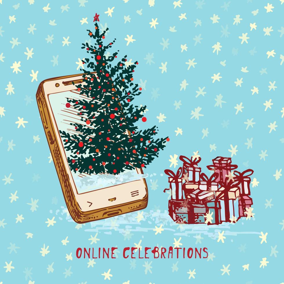 festliche weihnachten, neujahrskonzept urlaub online gruß. hand gezeichnetes smartphone und rotes auto mit tannenbaum verzierten roten kugeln auf schneebedecktem hintergrund text online-feier. Vektorillustrationen vektor