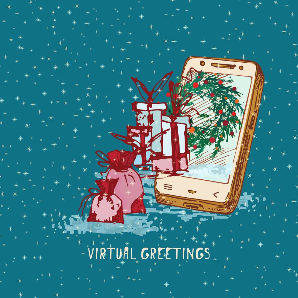 festlig jul, ny år begrepp Semester uppkopplad hälsning hand dragen smartphone och gran träd krans dekorerad röd bollar, gåvor på snöig bakgrund text virtuell hälsning vektor illustrationer