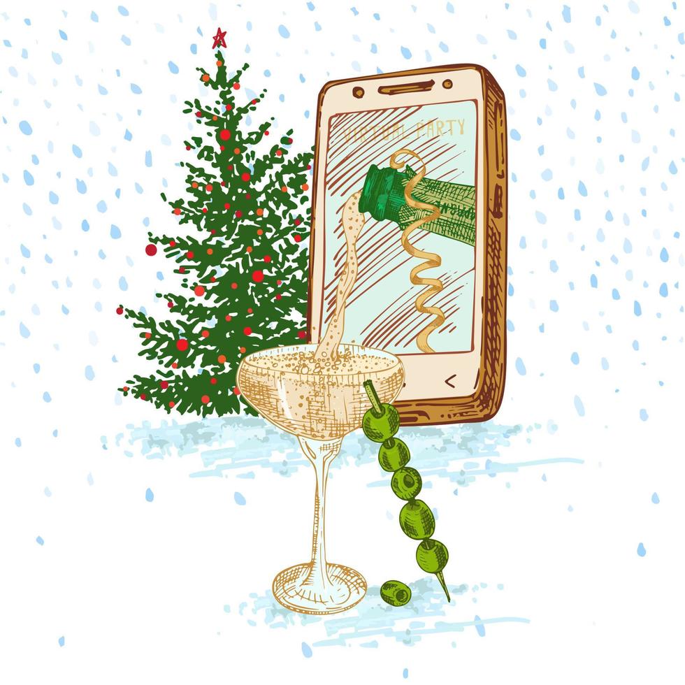 festlig jul, ny år begrepp Semester uppkopplad hälsning fest hand dragen smartphone, gåvor, glas av champagne och gran träd dekorerad röd bollar på snöig bakgrund vektor illustrationer