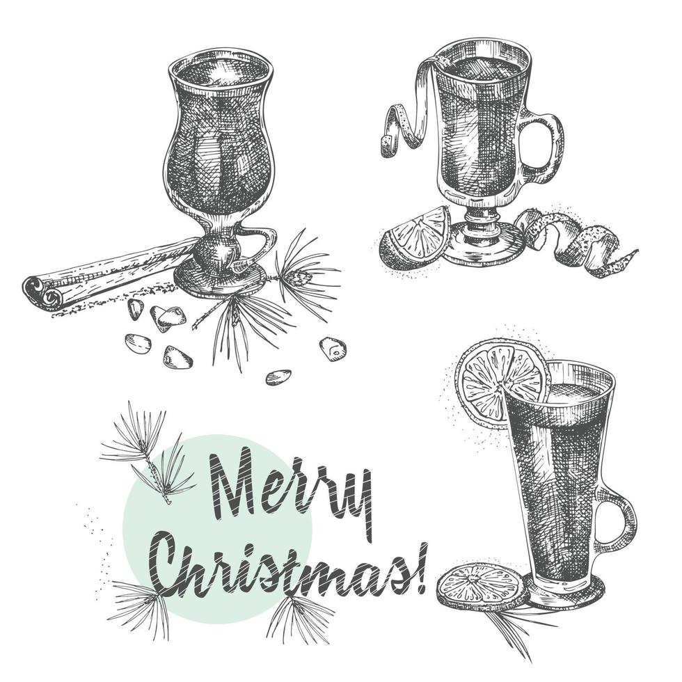 satz von handgezeichneten weihnachtswintergewürzen, gläsern mit traditionell heißen wintergetränken und weinflasche. gute idee für menüvorlagen, rezepte, grußkarten. Vektor-Illustration vektor