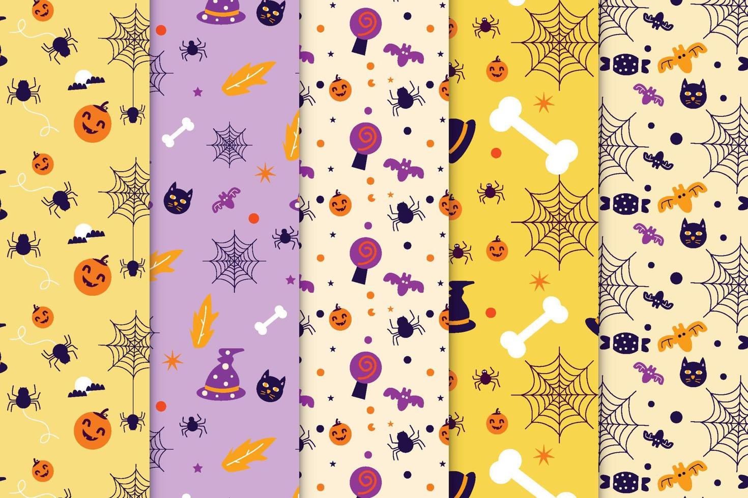 Halloween-Mustersammlungsvektor mit gelbem und purpurrotem Hintergrund. halloween nahtloses musterbündel für buchumschläge und tapeten. abstraktes Muster-Set-Design mit gruseligen Halloween-Elementen. vektor