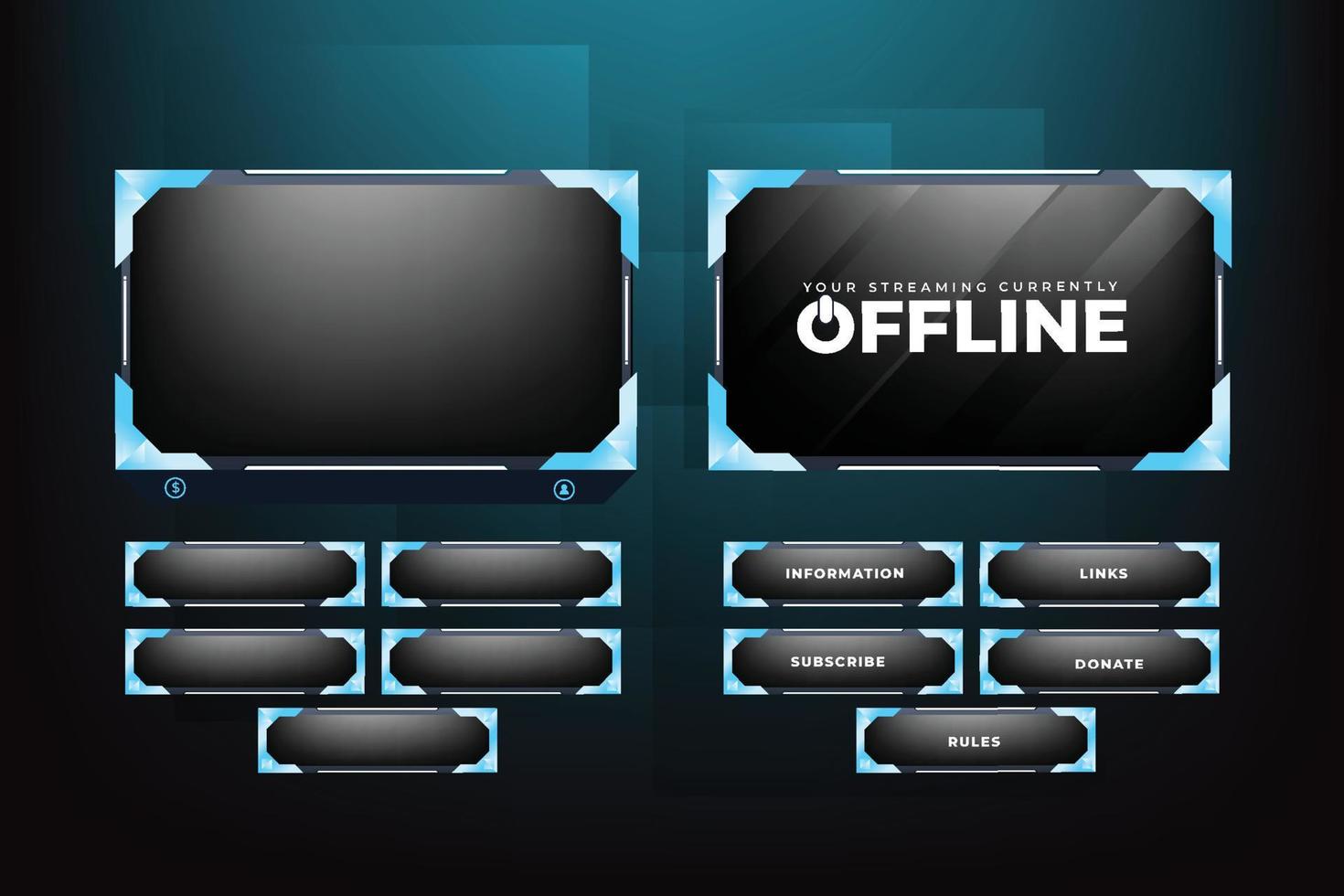 futuristisches Eisfarb-Streaming-Overlay-Design für Online-Gamer. Live-Gaming-Overlay-Vektor mit dunklem Hintergrund und frostiger Dekoration. Online-Gaming-Overlay-Design mit bunten Schaltflächen. vektor