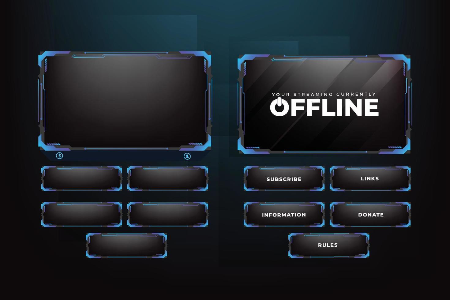Live-Streaming-Bildschirmdekoration mit blauen und dunklen Farben. Online-Gaming-Overlay mit Schaltflächen. abstraktes Gaming-Overlay-Design mit futuristischem Stil und einem Offline-Bildschirm. digitales Gaming-Overlay vektor