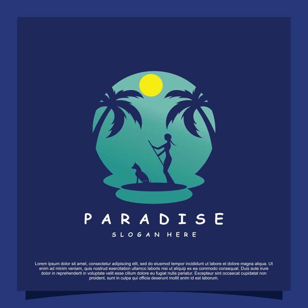 paradis logotyp design med handflatan träd och negativ Plats begrepp premie vektor