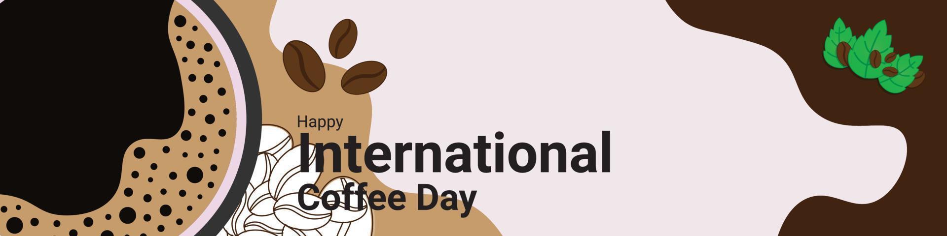 kaffeetassenbanner mit kaffeebohnen- und blattdekoration zum gedenken an den internationalen kaffeetag vektor