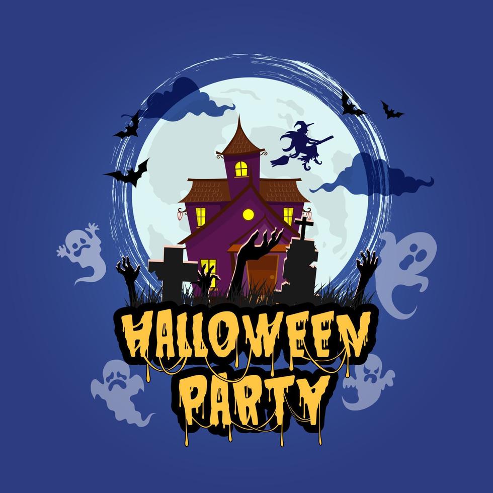 halloween-party mit gruseligem haus- und friedhofhintergrund vektor