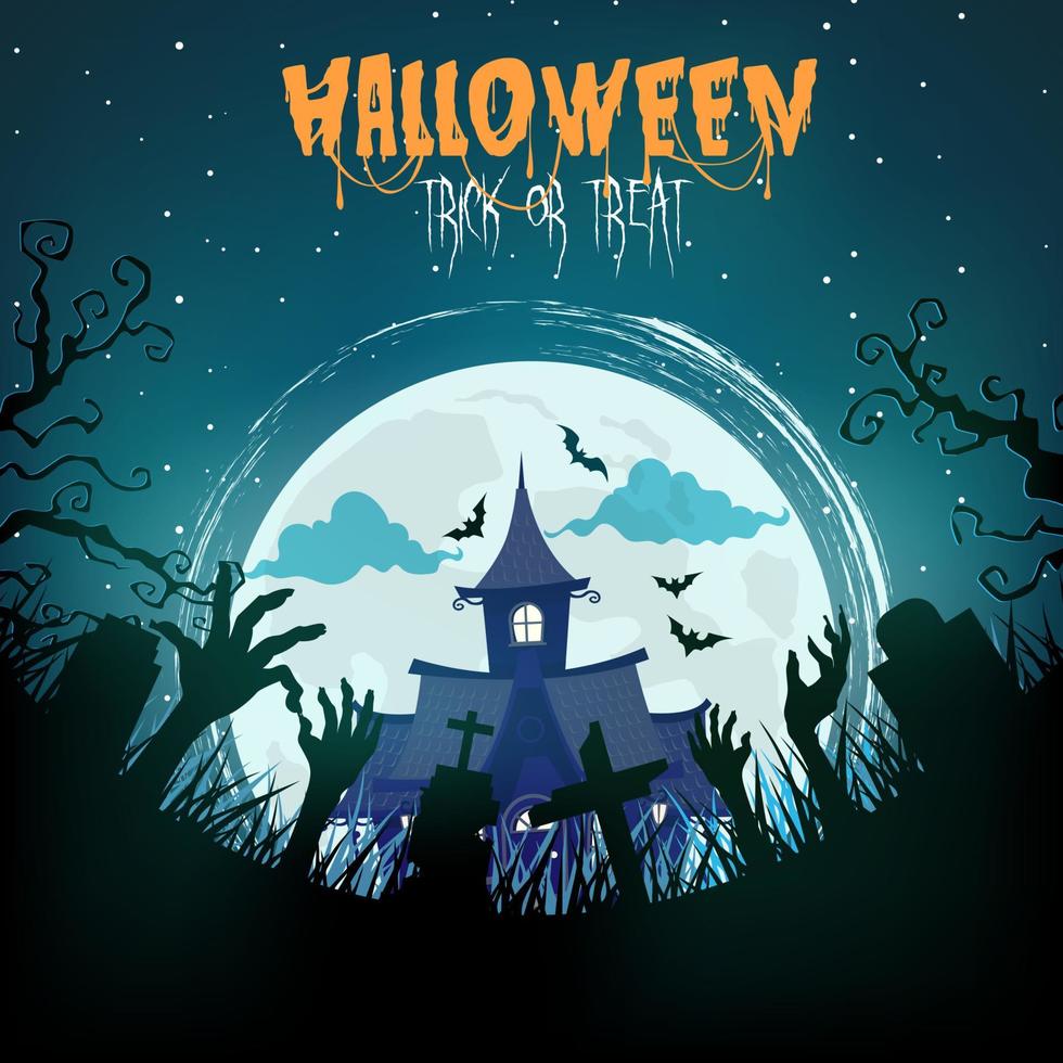 halloween bakgrund och läskigt hus. läskigt skog och kyrkogård vektor