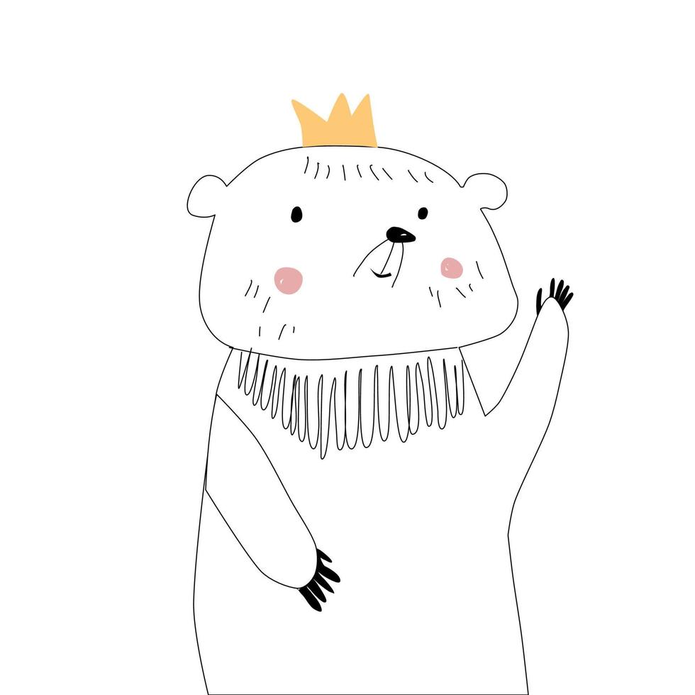 süßes Tier im Doodle-Stil, süßer kleiner Eisbär in einer Krone. druck für kinderkleidung, partyeinladung vektor