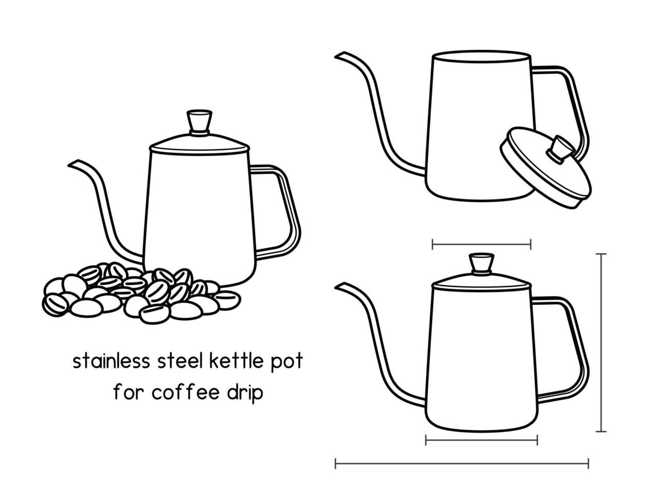 Edelstahl gießen über Kaffeekocher Kaffeetropfkessel Topf Edelstahl langer schmaler Tropfteekocher für Tropfkaffee Diagramm für die manuelle Umrissvektorillustration der Einrichtung vektor