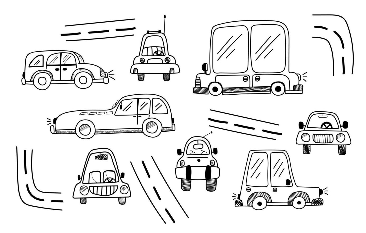 niedlicher Vektorsatz von farbigen Kinderautos im Doodle-Stil und teuren, isolierten Elementen auf weißem Hintergrund. Kinderauto für Postkarten, Banner, Poster, Geschenke, Schlafanzüge vektor