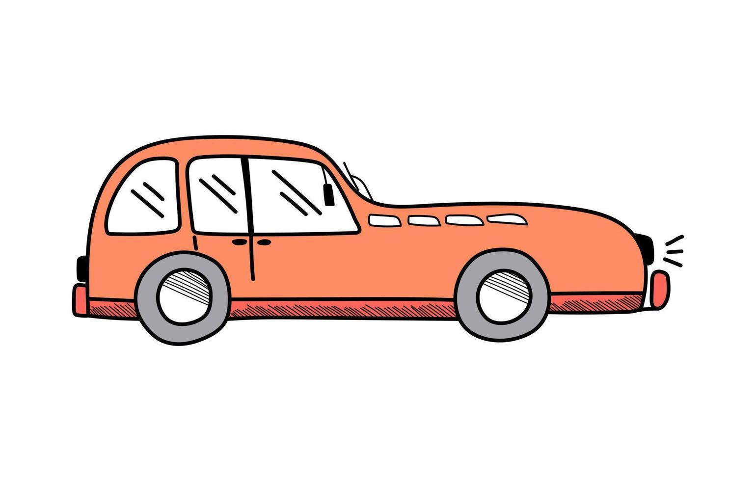 Vektor süßes orangefarbenes Auto im Doodle-Stil auf weißem Hintergrund, Kinderillustration für Postkarten, Poster, Spielzeug.