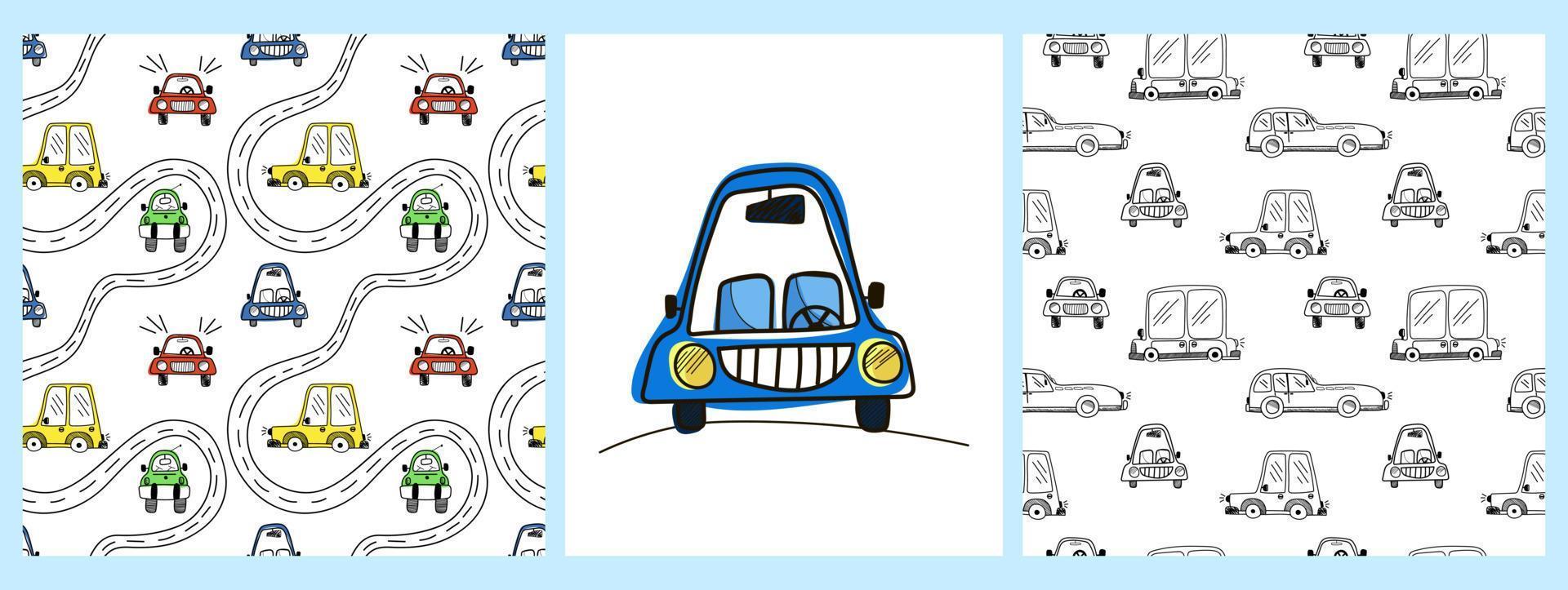 eine Reihe von Vektormustern und ein Poster mit farbenfrohen süßen Autos auf einem weißen Hintergrund im Doodle-Stil. Kinderillustration für Pyjamas, Kinderzimmer, Tapeten, Postkarten, Feiertage vektor