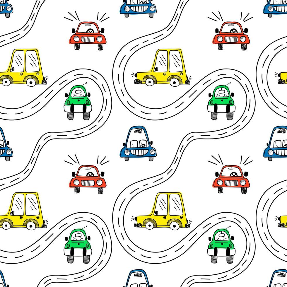 Vektornahtloses Muster mit bunten süßen Autos auf einem weißen Hintergrund im Doodle-Stil. Kinderillustration für Pyjamas, Kinderzimmer, Tapeten, Postkarten, Feiertage vektor