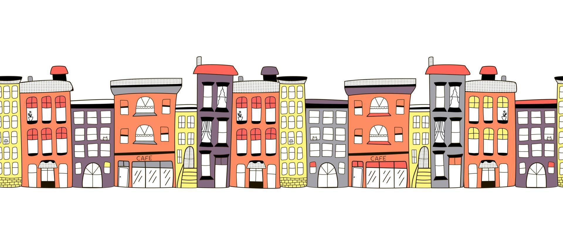 vektor sömlös gräns med färgrik söt klotter stil hus på en vit bakgrund, färgrik stad gata. barns illustration för vykort, förpackning, tapet, tyger
