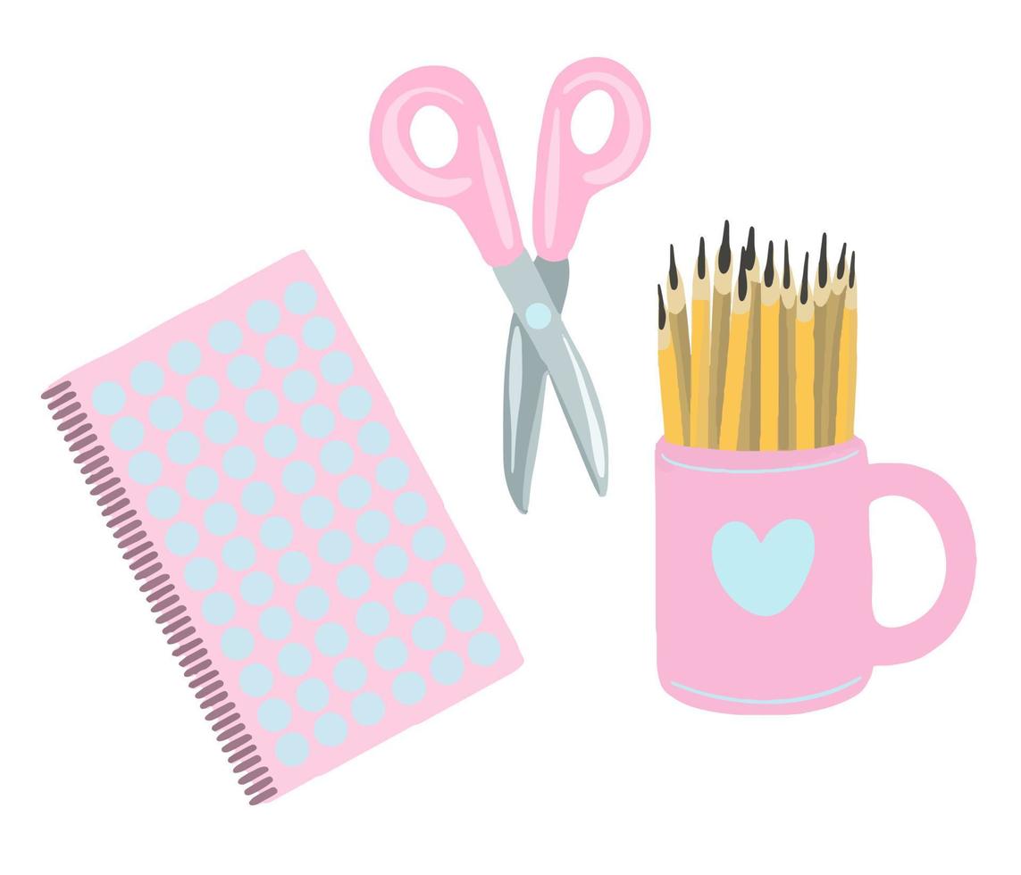 Vektor zurück in die Schule gesetzt. Schreibwaren für das Studium. rosa Schere, Radiergummi, Bleistifte.