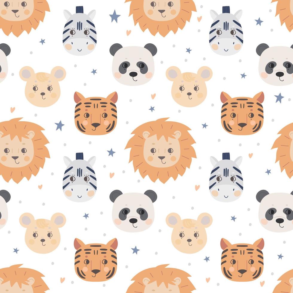 Nahtloses Muster mit niedlichen Tiergesichtern. die Schnauze eines Löwen, Tigers, Zebras, einer Maus, eines Pandas auf weißem Hintergrund. vektor für textilien und plakatdesign, kinderkleidung.