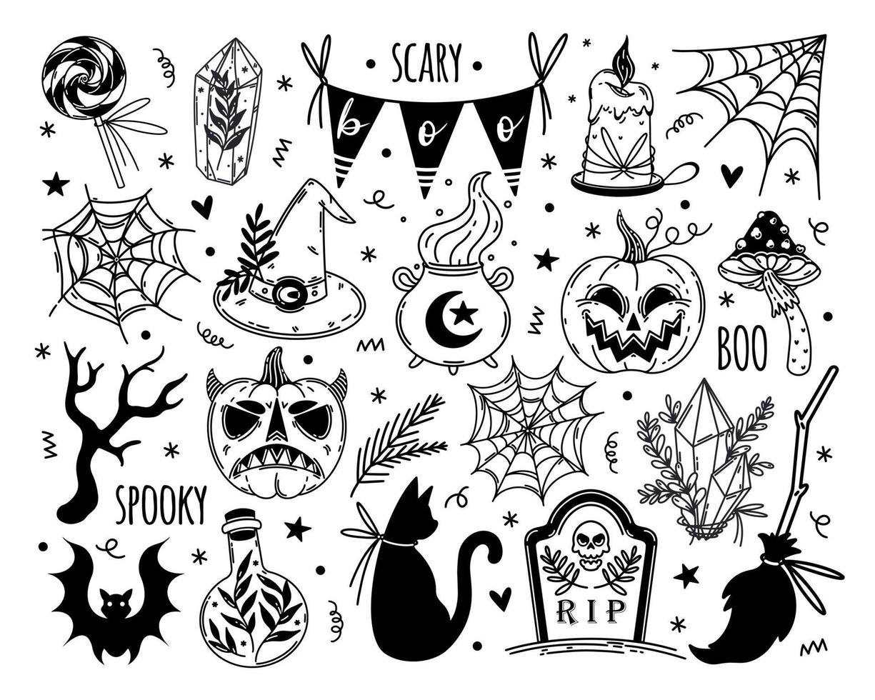 Halloween-Vektor-Icon-Set. Herbstferiensymbol - Kürbis, schwarze Katze, Fledermaus, Spinnennetz, Hexenkristall, magische Elemente. karikaturgekritzel lokalisiert auf weiß. Umriss für saisonale Dekorationen vektor