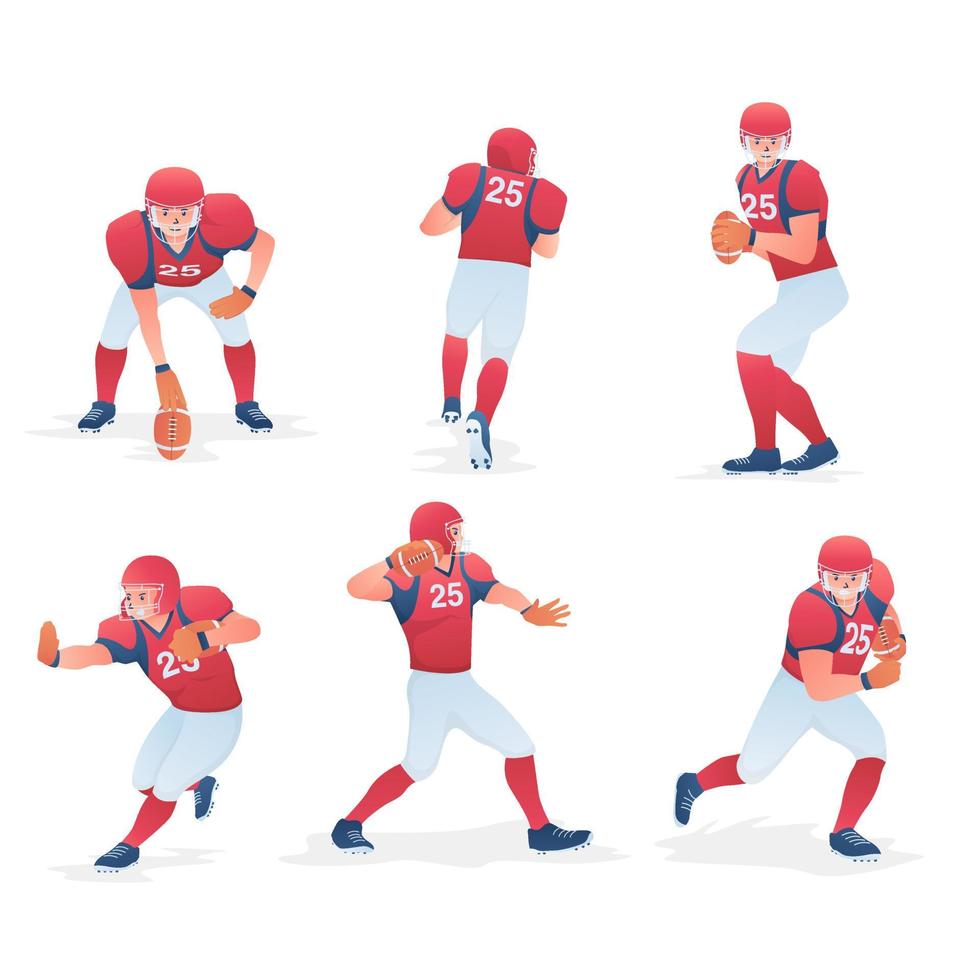 American-Football-Spieler-Set Stock Illustration, American-Football-Teamspieler in Aktion weiß auf isoliert. Vektor