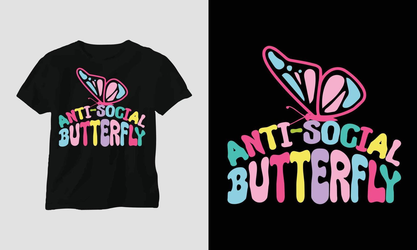 gewellter retro grooviger T-Shirt-Entwurf asozialer Schmetterling vektor